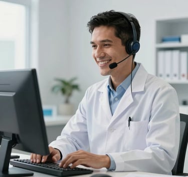 A professional South American pharmacist wearing a headset, smiling warmly and confidently while working in a bright, modern clinic office with white and pale blue accents.