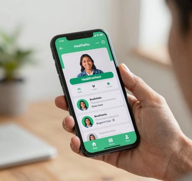Close-up of a hand in a South American setting holding a smartphone which displays a health consultation app interface, bright and clean indoor lighting.