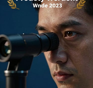 A focused, professional photograph of a researcher's eye looking through a high-precision optical instrument, deep navy blue environment with a hint of rich burnished gold light.