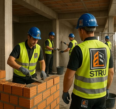 Obra STRU com alvenaria e reboco em execução.