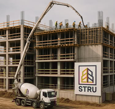 Construção STRU com laje de betão sendo concretada no 4º piso.
