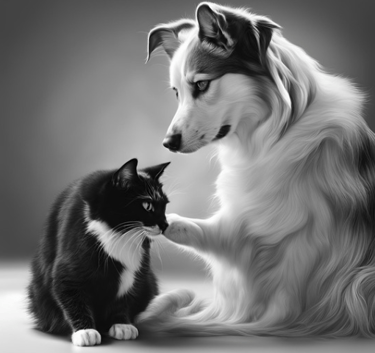 a dog and a cat are sitting on the floor and playing together