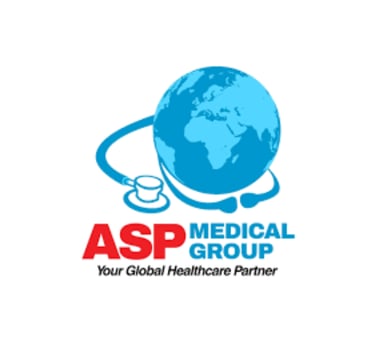 ASP Medical Group logo featuring a blue globe wrapped in a stethoscope with global healthcare partner text.
