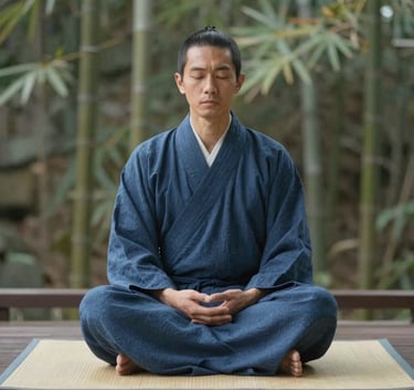 A man in a blue kimono practicing zen meditation in a peaceful bamboo garden.