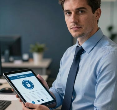 A professional financial investigator in a modern British / UK office, looking confidently into the camera, holding a tablet showing a secure digital wallet interface, steel blue and dark charcoal environment.