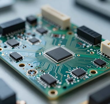 A close-up, sharp photograph of a high-tech circuit board with light blue and green highlights. Professional lighting in a clean Western European laboratory setting, modern tech aesthetic.