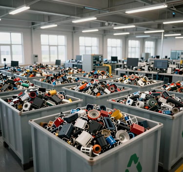 A wide-angle photo of a bright, modern Western European recycling facility specialized in electronics. Large containers filled with sorted components, soft natural light, very clean and organized.