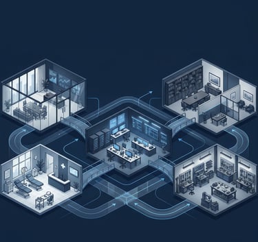Isometric illustration of a scalable business infrastructure representing founder-led companies The 3 Pillars helps to structure and grow