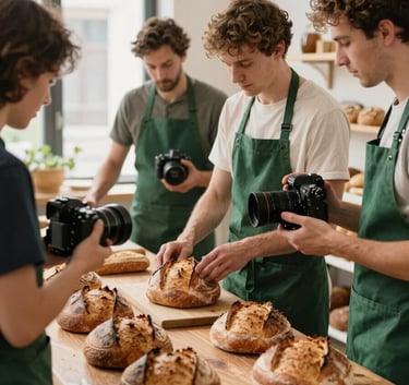 Authentic scene of a content creation session in a European / French bakery, a team capturing fresh sourdough bread, natural light, forest green aprons, professional camera gear visible.