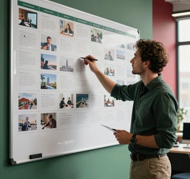 A professional digital marketer in a modern European / French office, planning a social media grid on a large board, soft morning light, forest green and deep red workspace accents.
