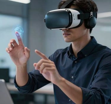 A professional in a sleek, modern office wearing advanced VR goggles, their hands reaching out to interact with an invisible interface. Soft blue and navy lighting. International / Global.