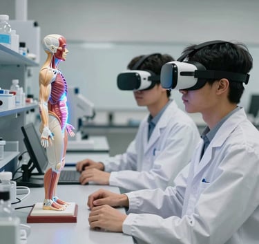 Students in a contemporary university laboratory using VR headsets to study a holographic medical anatomy model. The atmosphere is innovative and clean. International / Global.