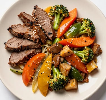 A high-quality photography of a vibrant, healthy meal prepared with Brazilian ingredients, lean proteins and colorful vegetables, served on a luxury beige plate, overhead composition, clean and bright style.