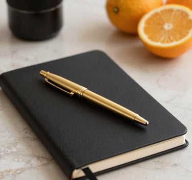 A minimalist and sophisticated close-up of a nutritionist workspace in Brazil, featuring a black notebook, a high-end gold pen, and fresh citrus fruits on a beige marble surface, soft natural lighting.