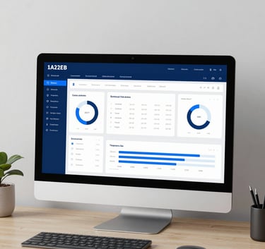 High-end photography of a minimalist designer workspace with a high-resolution screen showing a complex but clean analytics dashboard for a web application, using the corporate colors #1A2E3B and #2B6777.