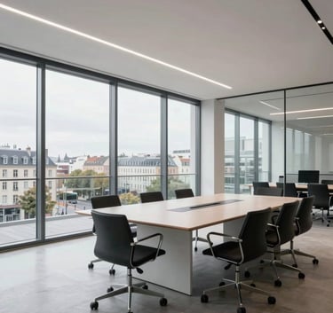 A high-resolution photograph of a bright, modern corporate boardroom in Rouen, France / Norman. Large glass windows offer a view of the city, and the interior features minimalist furniture and an impeccably clean environment.