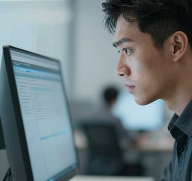 A close-up shot of a technical professional in a modern, well-lit workspace. The individual is looking at a silver-blue screen with focus. The background is a soft-focus office interior in mist and steel blue tones.