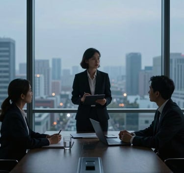 A sophisticated professional meeting in a modern high-rise office at twilight. A recruiter and client are silhouetted against a large window overlooking a city. The lighting is cool with soft mist and dark slate tones, conveying trust and discretion.
