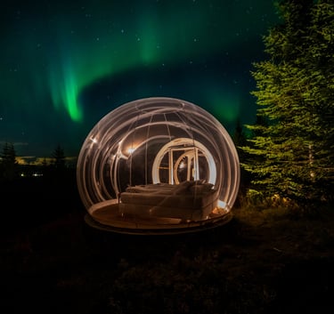 sleeping under aurora lights Iceland in a glamping Buuble hotel 