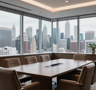 A high-end consulting office with a panoramic view of a North American skyline. A meeting table with leather chairs, soft arctic white lighting, and a professional, results-oriented mood.