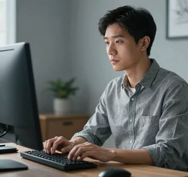 A calm, professional person working at a computer in a tidy North American study, focused expression, with a soft grey-blue color palette in the background.