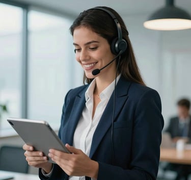 A South American / Brazilian professional woman in business attire wearing a headset, smiling naturally while interacting with a tablet, bright and airy office background with Alice Blue lighting.
