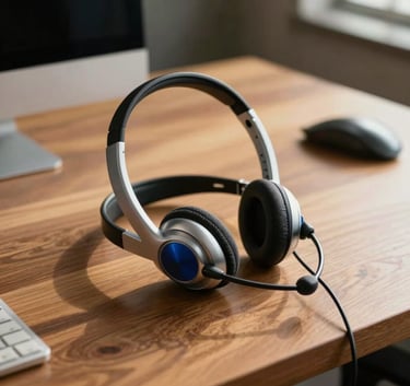 A sophisticated South American / Brazilian workspace with a focused professional atmosphere, featuring a high-quality headset on a polished wooden desk, warm Golden and Steel Blue accents, elegant simplicity.