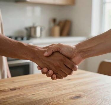 Close-up of two people shaking hands over a wooden kitchen table, soft morning light, North American / culturally diverse, trust and warmth, palette colors like tan and light steel.
