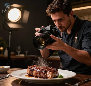 Photography of a South American / Brazilian professional photographer in a dimly lit, sophisticated studio, using a high-end camera to capture a close-up of a sizzling steak. Warm spotlighting, professional atmosphere, focusing on the content creation process for a high-end restaurant.