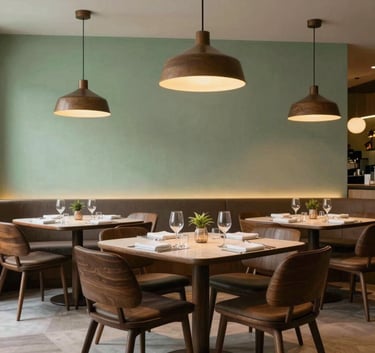 Interior shot of a luxury restaurant in São Paulo, South American / Brazilian decor with Scandinavian influences. Minimalist dark wood furniture, warm hanging lamps, soft parchment green walls, and an elegant, inviting dining setup.