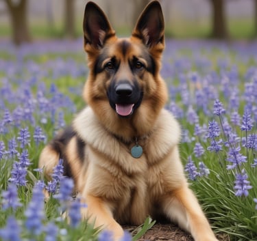 A young German Shepherd dog sits attentively on a grass-covered surface, wearing a black harness and leash. Its ears are perked up, and it seems to be observing something intently. The background consists of blurred greenery, creating a natural setting.