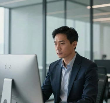 A professional marketing strategist in a modern North American / US office with sleek glass walls, looking at a large monitor, soft silver and dark navy tones, professional cinematic lighting.