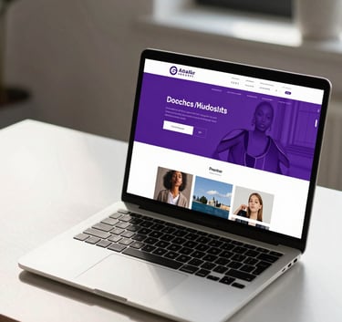 A high-end laptop on a minimalist desk in a North American / US agency, showing a vibrant website design with royal purple accents, natural sunlight.