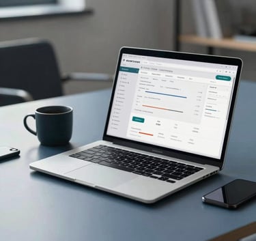 A professional, clean workspace in a Northern European office with a laptop showing a retail dashboard, organized desk, soft daylight, palette of slate blue and charcoal.