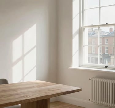 A clean, bright home interior in a British townhouse, soft morning light filtering through a window onto a minimalist wooden table, high-end lifestyle photography, color palette of off-white and soft grey.