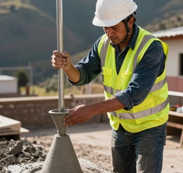 A South American / Peruvian site engineer in a safety vest and white hard hat examining a fresh concrete pour with a slump test, professional and industrial setting, warm sunlight.