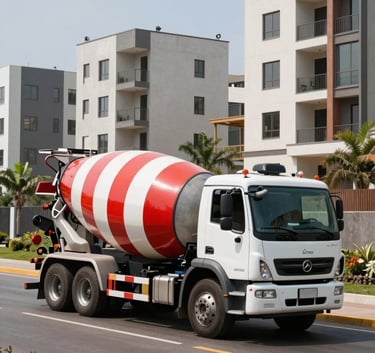 A professional photography shot of a red and white concrete mixer truck branded with gold accents, driving through a modern residential development in Lima Norte, South American / Peruvian landscape, bright sunny day.