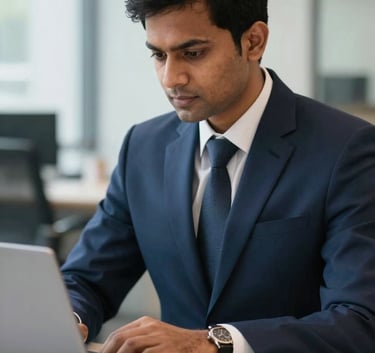 A high-end, close-up photograph of a professional South Asian / Indian male accountant in a sharp navy blue suit, working at a clean desk with a laptop and a fountain pen in a modern Bangalore office setting, soft bokeh background.