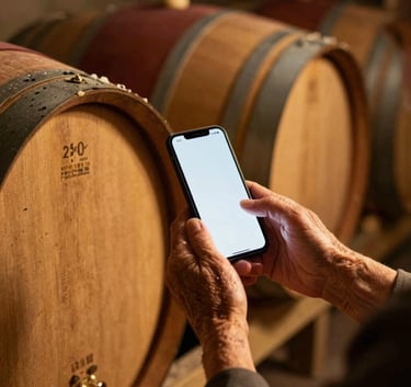 Hands of an elderly winemaker holding a smartphone next to old oak barrels in a dark, atmospheric cellar, warm golden light accenting the dust, shallow depth of field, 35mm