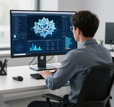 A focused professional sitting at a minimalist desk in a bright North American office, looking at a large monitor displaying complex data visualizations in shades of ice blue and navy.