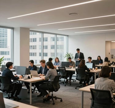A wide-angle shot of a bright, modern open-plan office in a major US city, with professionals engaged in collaborative work around light-colored tables.