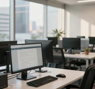 A bright and professional office space in Brazil, showcasing clean desks and advanced computer monitors, South American / Brazilian context, modern corporate architecture, soft morning sunlight.