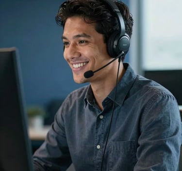 A professional South American / Brazilian person wearing a sleek headset, smiling while looking at a monitor, soft natural light, modern and clean office environment, shades of dark blue in the background.