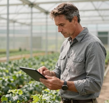 A professional agricultural consultant in North American field attire using a tablet to analyze land data in a modern greenhouse, natural bright lighting, clean and sophisticated mood.