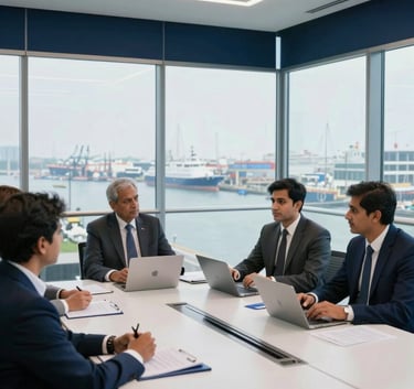 Professional South Asian business group discussing global logistics in a modern conference room with glass walls overlooking a harbor, clean and sophisticated aesthetic with navy blue accents.