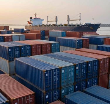 Photography of a bustling South Asian port at sunrise, shipping containers stacked neatly in shades of blue, a large cargo vessel in the distance, professional and authoritative tone.