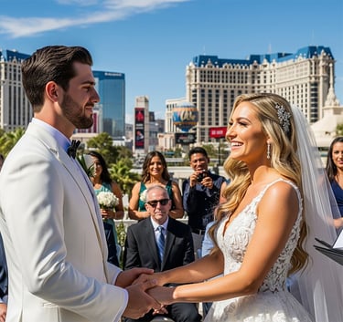 a bride and groom holding hands in front of a wedding ceremony