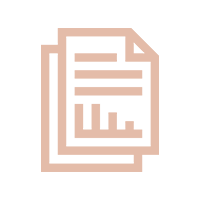 A peach-colored icon of a stack of documents featuring a data chart and text lines.