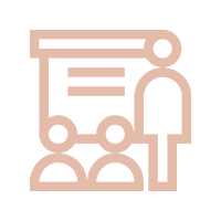 Minimalist peach icon of a speaker giving a business presentation to an audience.