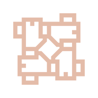 Minimalist geometric icon of four interlocking hands forming a square to represent teamwork and collaboration.